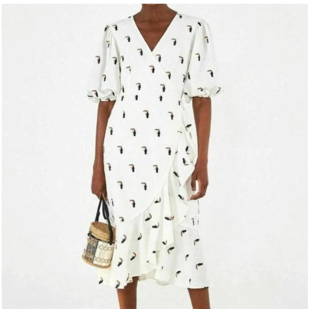Farm Rio Embroidered Tucano Wrap Dress In White